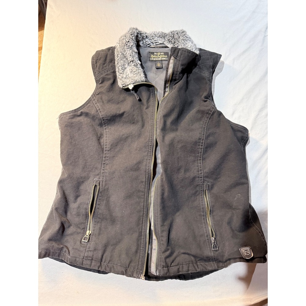 Noble‎ Outfitters Womens Canvas Work Vest Black Faux Fur Collar Fleece Lined L